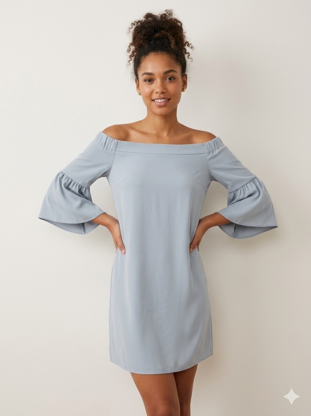 Off-Shoulder pastel blue Bell-Sleeve Dress
